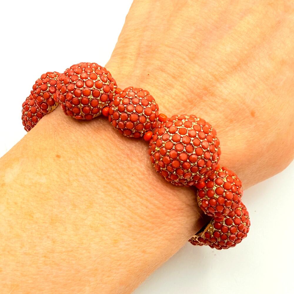 Vintage Domed Pave Faux Coral Rhinestone Stretch Bracelet Gold Tone MCM Style